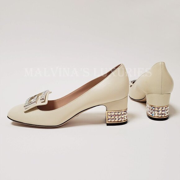 GUCCI SHOES MADELYN PUMPS CRYSTAL G BUCKLE LEATHER sz IT 37.5 US 7.5 - Picture 5 of 12